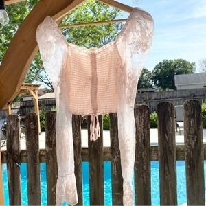Blush B.J. Crop Top Smocked Lace Bell Sleeve‎ Women M Pink
